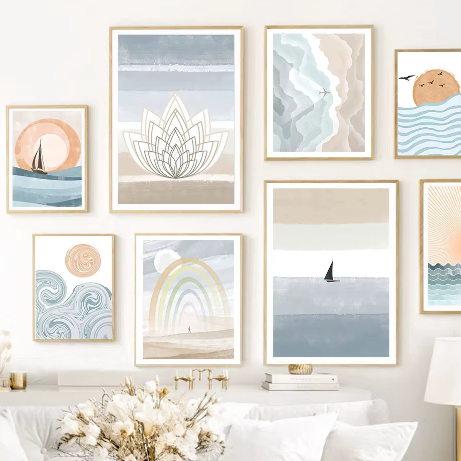 Boho Ocean Sun Rainbow Lotus Tree Abstract Landscape Posters and Prints Wall Art Canvas Painting Pictures for Living Room Decor