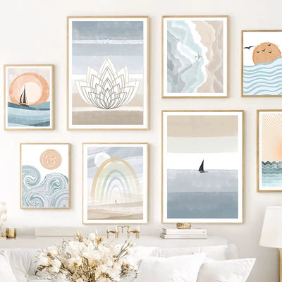 Boho Ocean Sun Rainbow Lotus Tree Abstract Landscape Posters and Prints Wall Art Canvas Painting Pictures for Living Room Decor