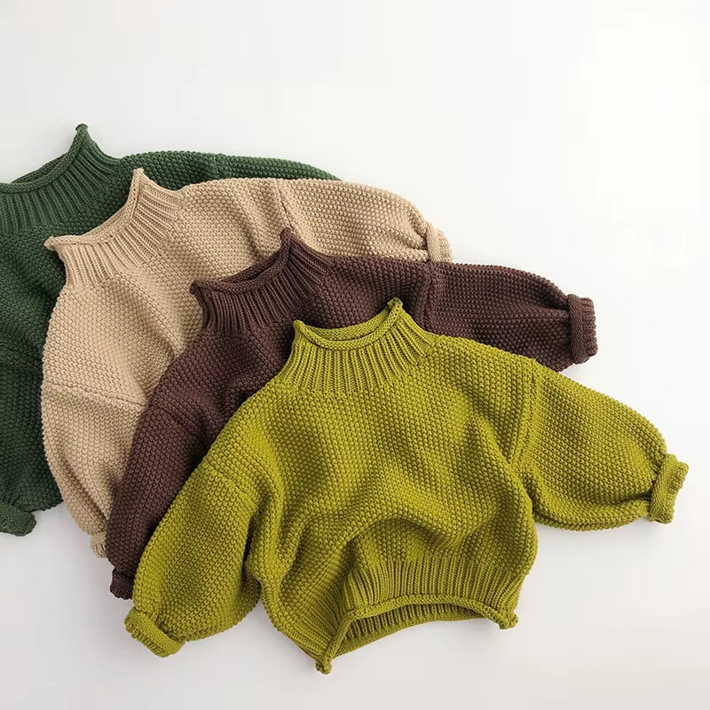 Winter Korean Style Kids Sweater Vintage Boys Knitwear Solid Turtleneck Girls Sweaters Coat