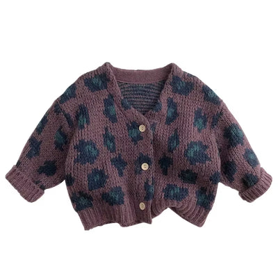7095 Children Sweater Leopard Print Cardigan Coat 2025 Autumn Winter Korean Boy'S Knitted Sweater Coat