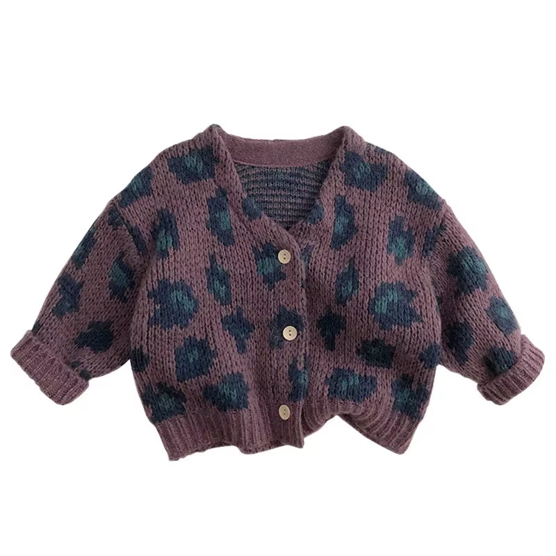 7095 Children Sweater Leopard Print Cardigan Coat 2025 Autumn Winter Korean Boy'S Knitted Sweater Coat