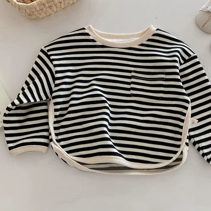 New 2024 Autumn Children'S Hoodies 1-5Y Boys Casual Striped Pullover Girls Loose O-Neck Sweatshirt Base Top