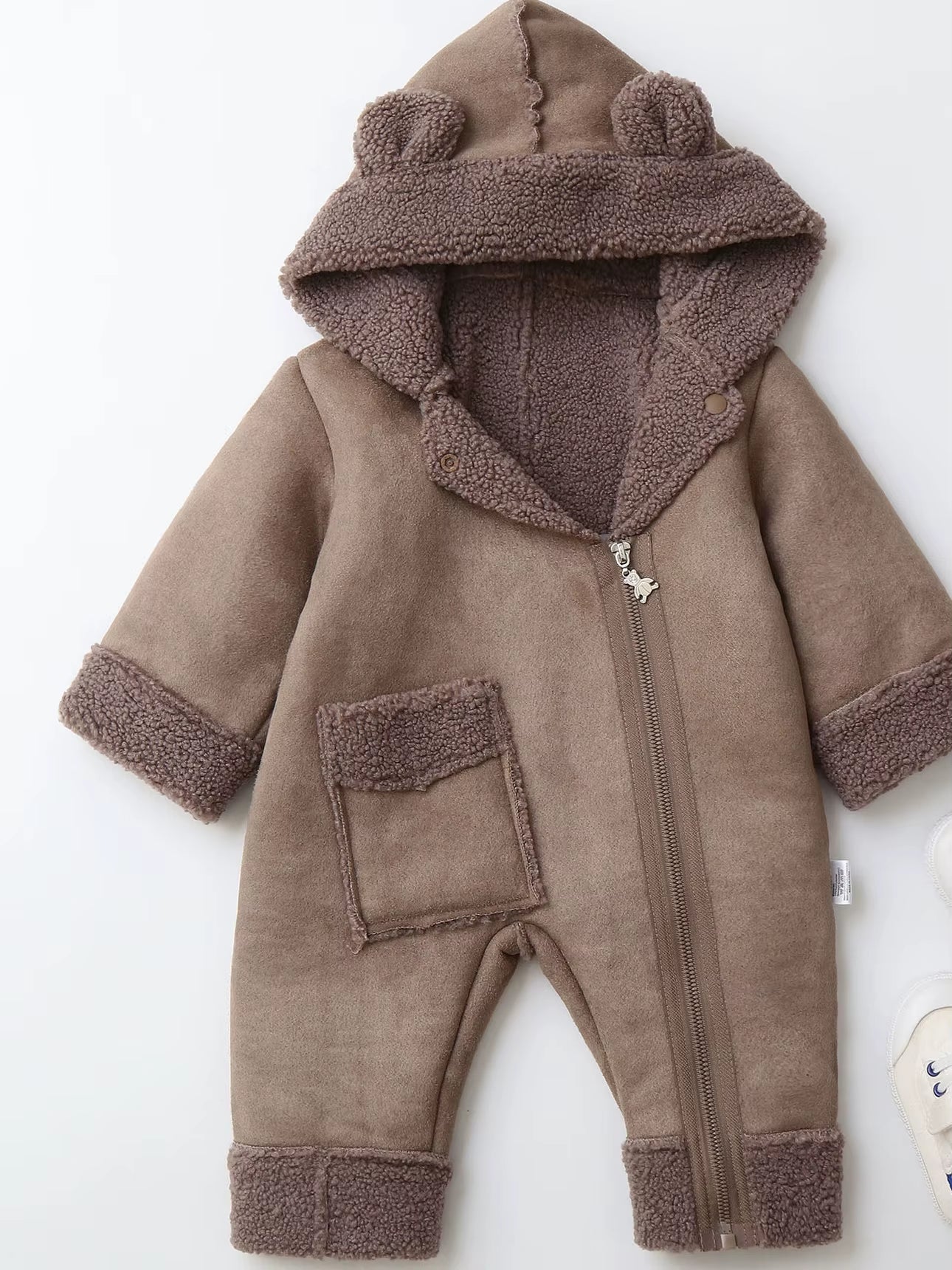 0-2Y Winter Baby Boys Clothes Fur Hoodie Girls Jumpsuits Fleece Lining Baby Rompers Windy Break Infant Outfit