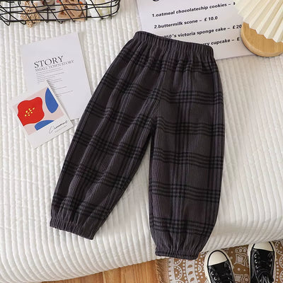New Summer Kids Casual Pants 1-6Y Simple Boys Grid Sweat Pants Korean Loose Thin Children Striped Letter Trousers