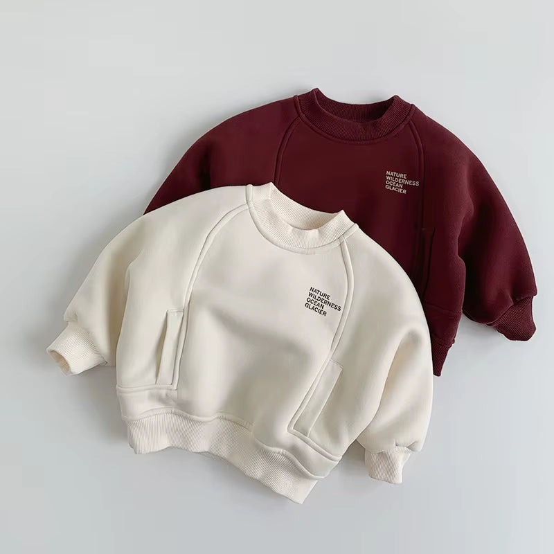 New Winter Kids Hoodie 1-6T Cute Letter Girls Fleece Padded Pullover Simple Warm Thicken Children Outwear Tops