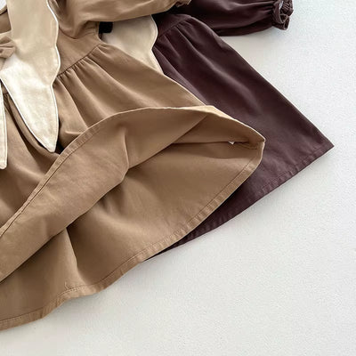 Spring Retro Ruffle Front Bow Knot Dress for Kids Baby Girls Clothing Cotton Splicing Toddler School Princess Dresse