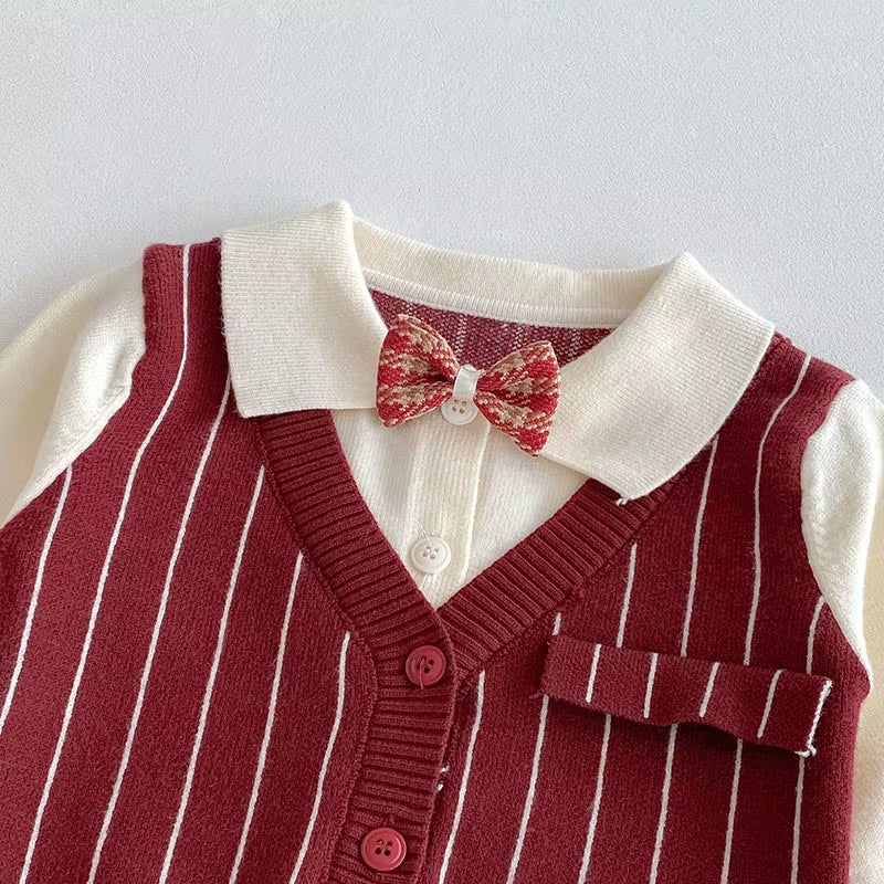 New Autumn Baby One Year Old Set 3-24M Vertical Stripes Boys' Red Suit Handsome Toddler Thin Knitted Two-Piece Set