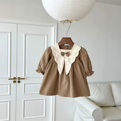 Spring Retro Ruffle Front Bow Knot Dress for Kids Baby Girls Clothing Cotton Splicing Toddler School Princess Dresse