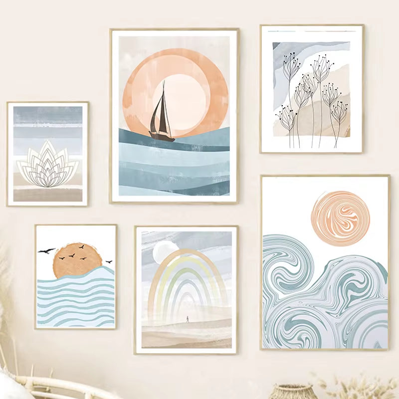 Boho Ocean Sun Rainbow Lotus Tree Abstract Landscape Posters and Prints Wall Art Canvas Painting Pictures for Living Room Decor