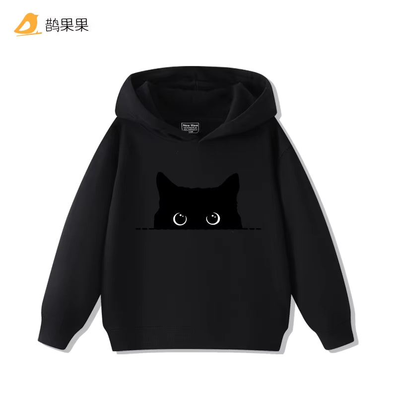 Fashion Simple Cat Print Boys Girls Casual Cute Sweatshirt Children'S Autumn and Winter Comfortable Warm Hooded Sweatshirt