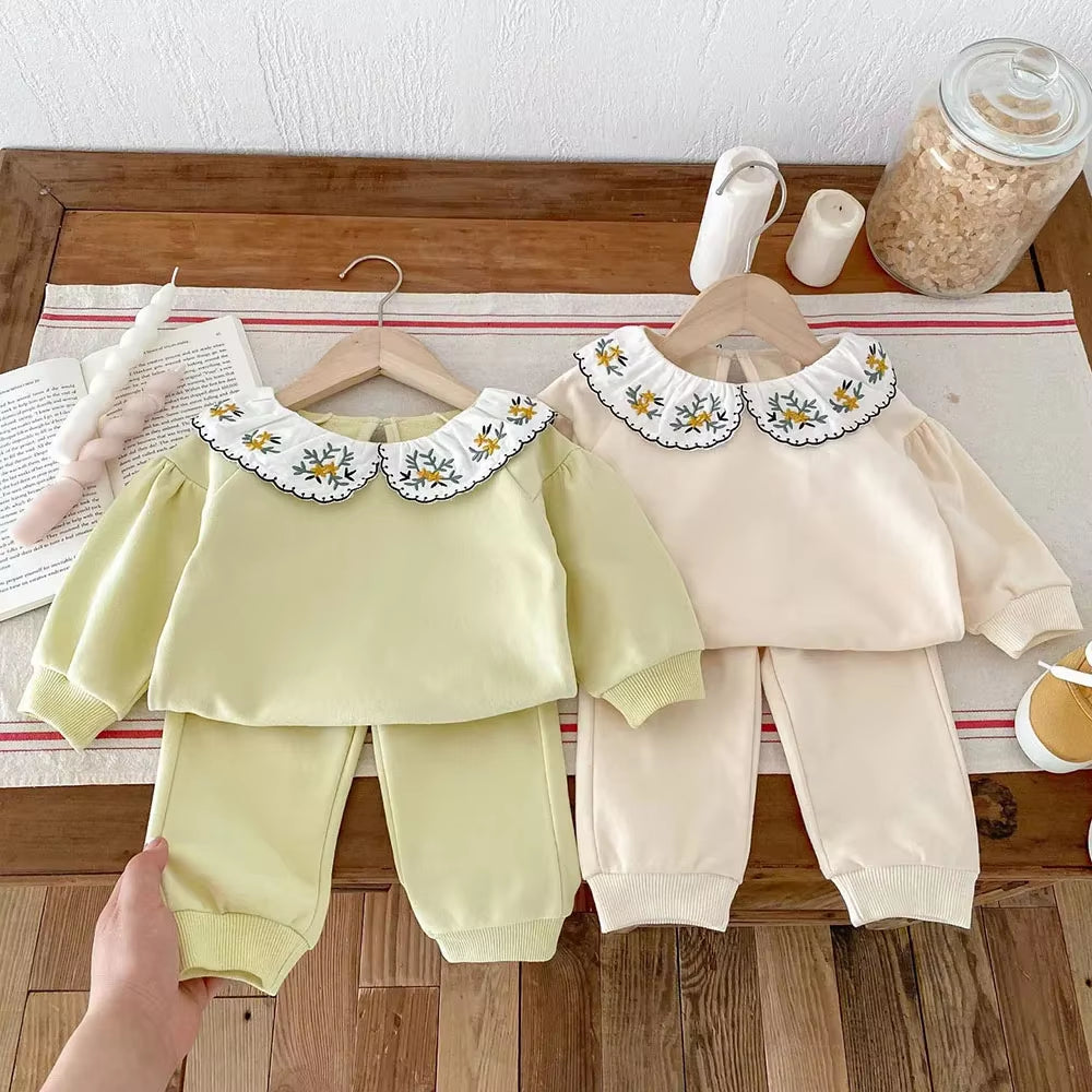 2024 Autumn Children'S Clothing Set 0-4Y Girls Embroider Doll Collar Hoodies Suit Kid'S Pullover and Pants 2Pcs