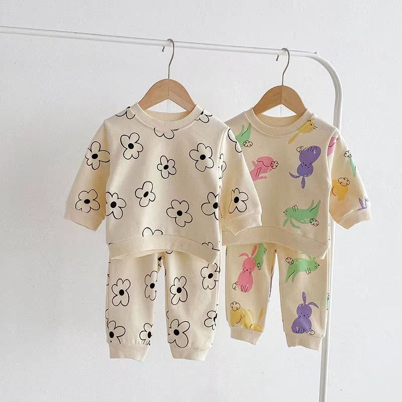 1-4Y Kids Clothing Set Cartoon Print Boys Track Suit O- Neck Hoodie and Full Length Pants 2PCS Girls Suit