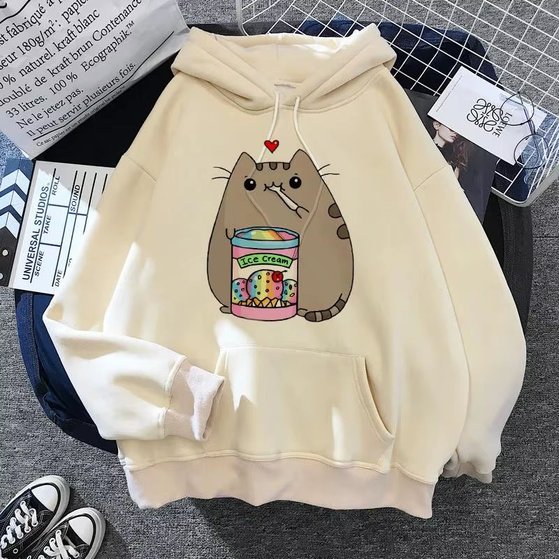 Women'S Cat Hooded Sweatshirt 2024 Cartoon Costume Korean Harajuku Kawai Style Oversized