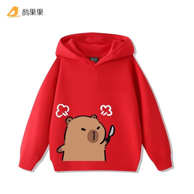 Children'S Cartoon Fun Capybara Print Casual Hooded Sweatshirt Boys Girls Fall and Winter Outdoor Comfortable Warm Hoodie