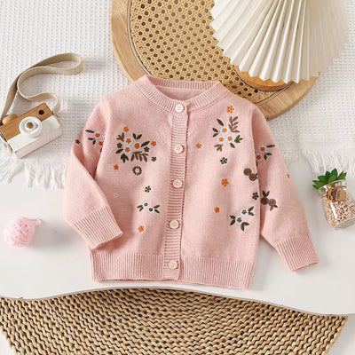 Autumn Children Girls Sweater Loose Solid Single Breasted Infant Babys Girls Knitwear Floral Embroidery Toddler Girls Cardigan