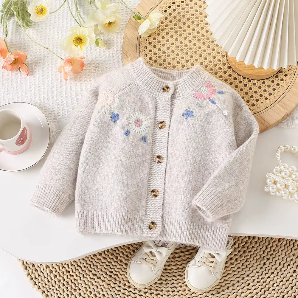 Autumn Children Girls Sweater Loose Solid Single Breasted Infant Babys Girls Knitwear Floral Embroidery Toddler Girls Cardigan