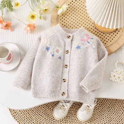 Autumn Children Girls Sweater Loose Solid Single Breasted Infant Babys Girls Knitwear Floral Embroidery Toddler Girls Cardigan