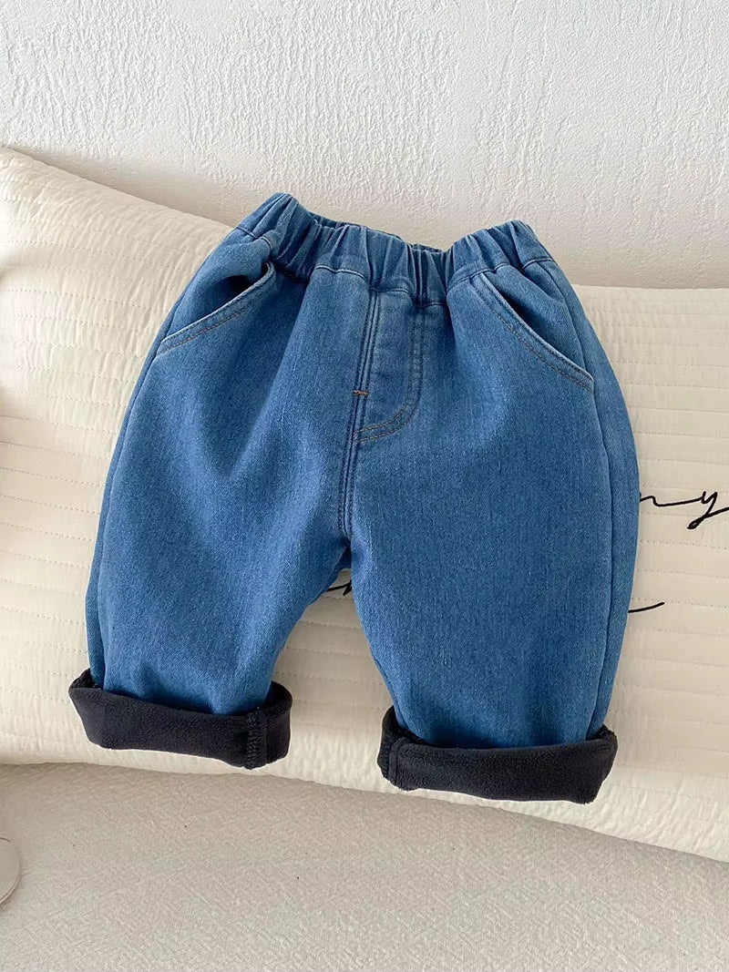 New Winter Kids Jeans 0-5T Girls Cute Solid Color Thicken Denim Blue Pants Children Boys Lose Trousers