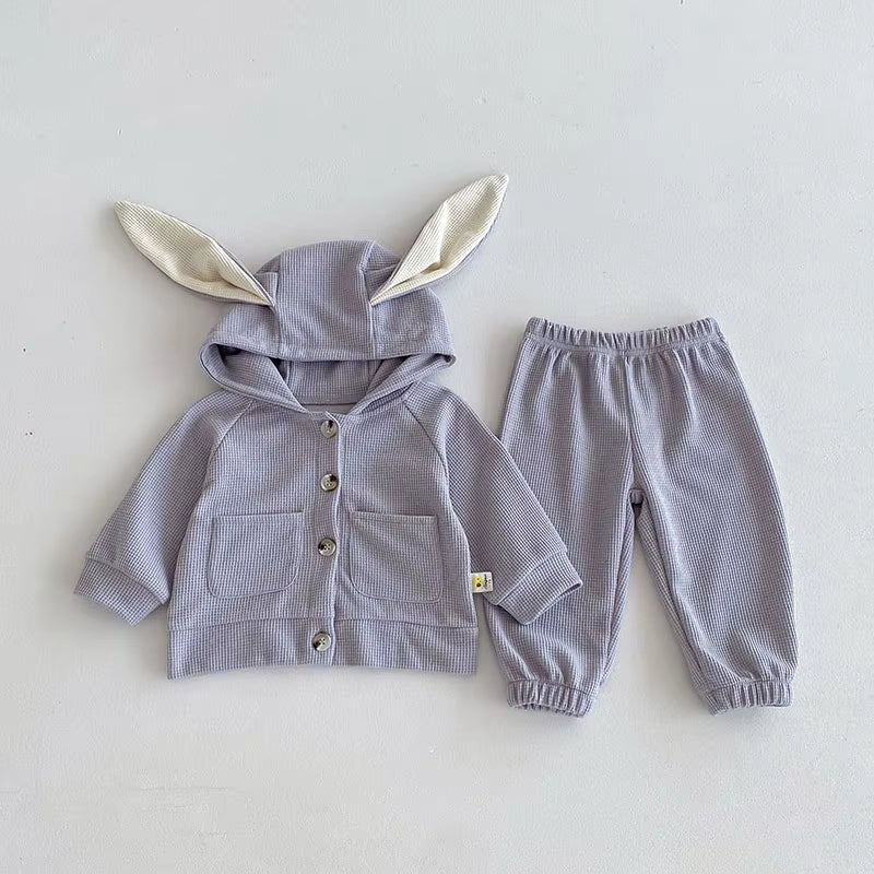 New Spring Kids Clothes Set Girls Cute Waffle Rabbit Ear Hooded Jacket +Pants Baby Sports Suit 2PCS