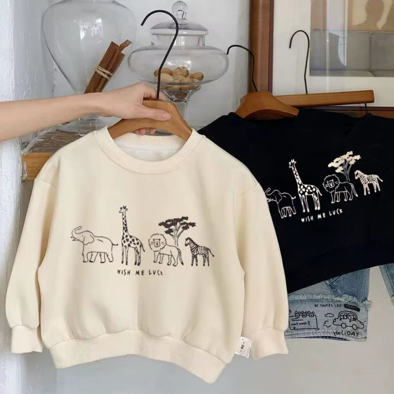 Beige Sweatshirts Spring/Autumn Wear for Kids Cartoon Animals Print Long Sleeve Simple Casual round Neck Tops Children Clothes