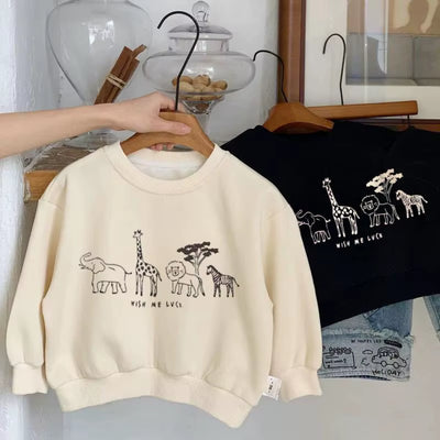 Beige Sweatshirts Spring/Autumn Wear for Kids Cartoon Animals Print Long Sleeve Simple Casual round Neck Tops Children Clothes