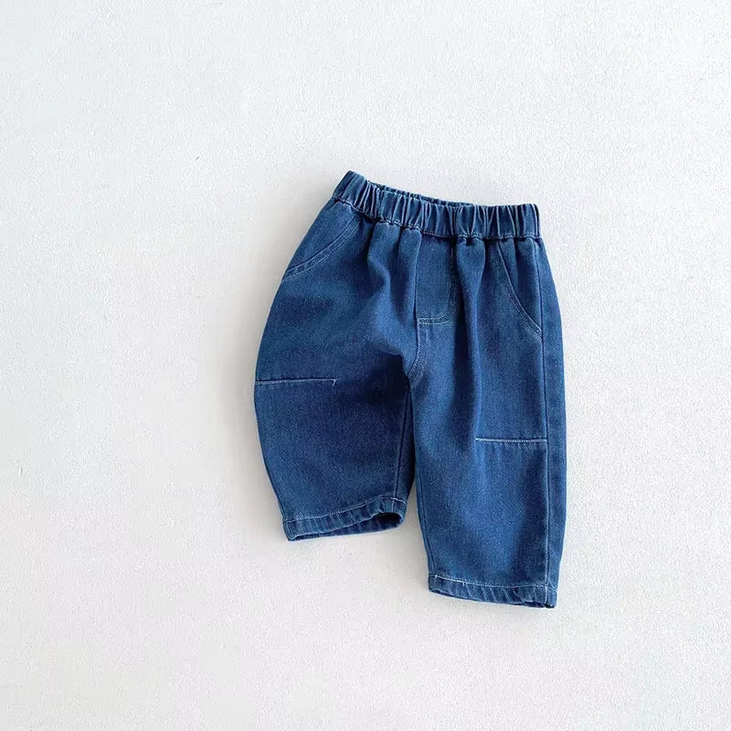 New Autumn Kids Jeans 9M-5T Children Girls Solid Color Denim Blue Pants Baby Boys Cute Casual Trousers