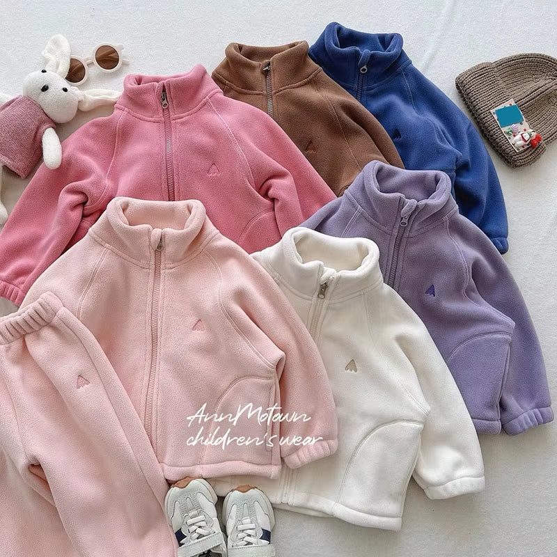 New Autumn Kids Clothes Set 2-7T Solid Color Girls Thicken Jacket+Pants Candy Color Cute Children Outfit 2PCS