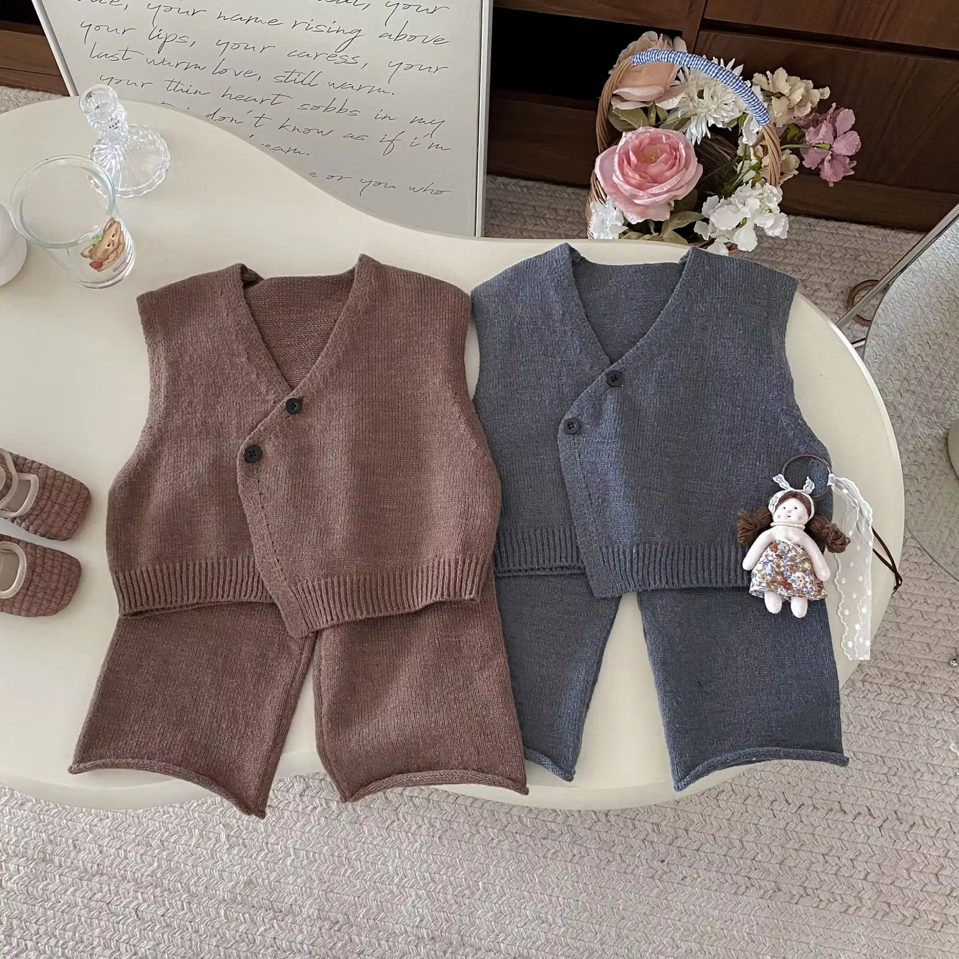 1-6Y Kids Clothing Set Knit Vest and Wide Leg Pants 2 Pcs Boys Clothing Set Brief Style Girls Sweater Suit
