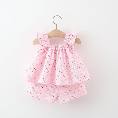 Flying Sleeve Length Bowknot Dress Shorts Two-piece Set