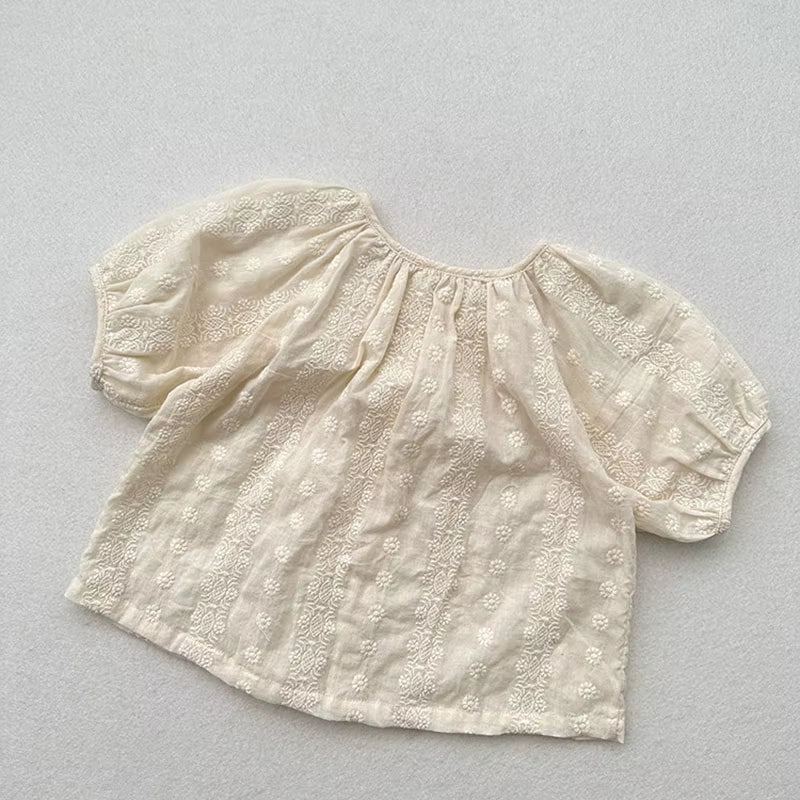 2024 New Summer Kids Baby Shirt Girls Sweet Embroidery Floral Blouse Tops Children Outwear Clothes 1-6T