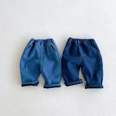 New Winter Kids Jeans 0-5T Girls Cute Solid Color Thicken Denim Blue Pants Children Boys Lose Trousers
