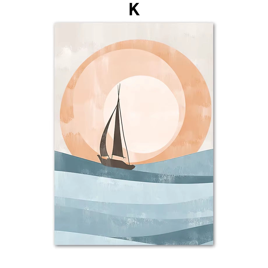 Boho Ocean Sun Rainbow Lotus Tree Abstract Landscape Posters and Prints Wall Art Canvas Painting Pictures for Living Room Decor