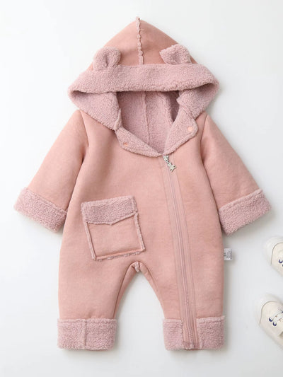0-2Y Winter Baby Boys Clothes Fur Hoodie Girls Jumpsuits Fleece Lining Baby Rompers Windy Break Infant Outfit