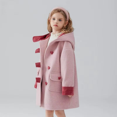 2025 New High-End Contrasting Color Girls Woolen Coat Autumn and Winter Thick Children Cotton Hooded Jacket