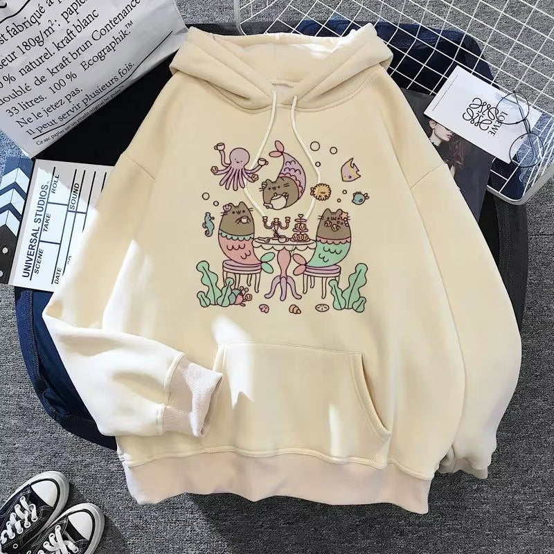 Women'S Cat Hooded Sweatshirt 2024 Cartoon Costume Korean Harajuku Kawai Style Oversized
