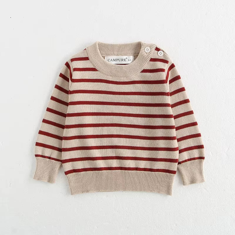 Classic Spring Baby Sweatshirt with Shoulder Buckle 0-3Y Toddler Stripe Knitted Pullover Girls and Boys Loose Base Tops Sweater