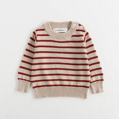 Classic Spring Baby Sweatshirt with Shoulder Buckle 0-3Y Toddler Stripe Knitted Pullover Girls and Boys Loose Base Tops Sweater