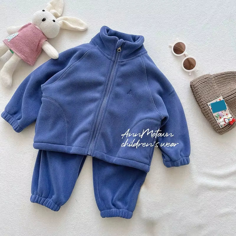 New Autumn Kids Clothes Set 2-7T Solid Color Girls Thicken Jacket+Pants Candy Color Cute Children Outfit 2PCS