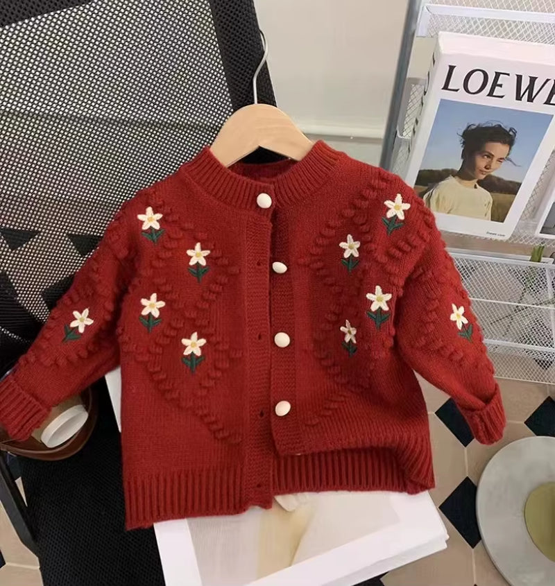 Autumn Children Girls Sweater Loose Solid Single Breasted Infant Babys Girls Knitwear Floral Embroidery Toddler Girls Cardigan