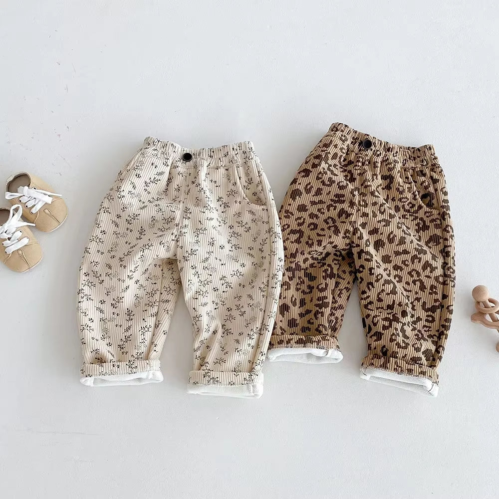 1-5Y Kids Trousers Warm Fur Lining Girls Pants Leopard Print Boys Trousers Fashion Full Length Pants