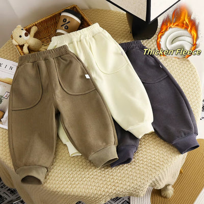 Winter Kids Sweatpants 1-8T Solid Color Thicken Girls Trousers Loose Boys Leisure Pants Korean Children Fleece Trousers
