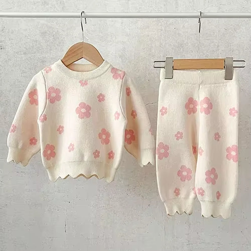 2024 New Autumn Newborn Baby Girls Clothing Set Long Sleeved Solid Color Knitted Pullover+Pants Toddler Baby Girl Clothes Suit