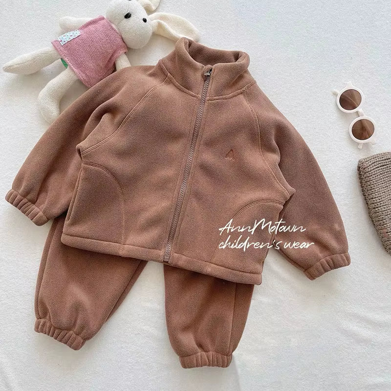 New Autumn Kids Clothes Set 2-7T Solid Color Girls Thicken Jacket+Pants Candy Color Cute Children Outfit 2PCS