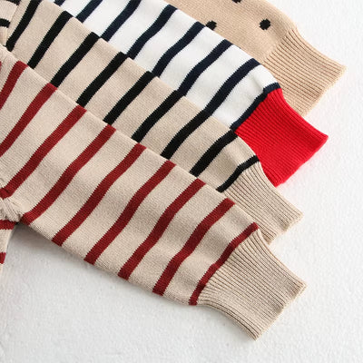 Classic Spring Baby Sweatshirt with Shoulder Buckle 0-3Y Toddler Stripe Knitted Pullover Girls and Boys Loose Base Tops Sweater
