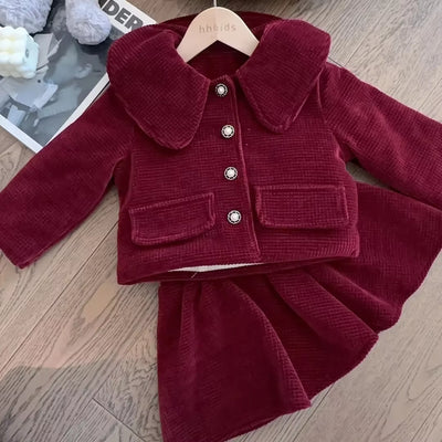 Girls Set Red New Year Dress Set New Baby Cotton Clip Thickened Women Treasure Coat Top Autumn/Winter Plush Skirt Two Piece Set