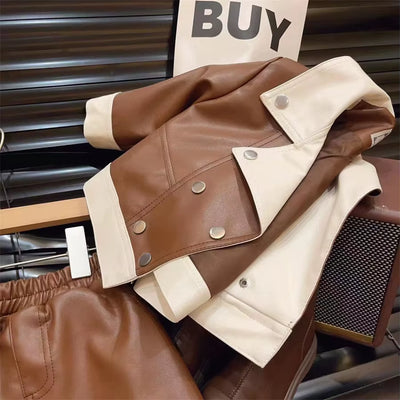 New Girls Set Autumn Collection 2024 Stylish Leather Jacket Short Skirt Childrens Wear Two Piece Set