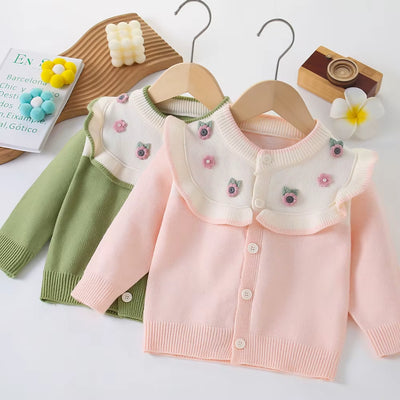 Autumn Children Girls Sweater Loose Solid Single Breasted Infant Babys Girls Knitwear Floral Embroidery Toddler Girls Cardigan
