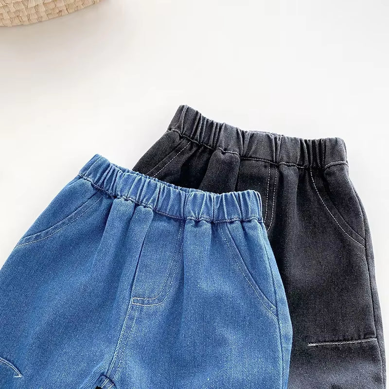 New Autumn Kids Jeans 9M-5T Children Girls Solid Color Denim Blue Pants Baby Boys Cute Casual Trousers