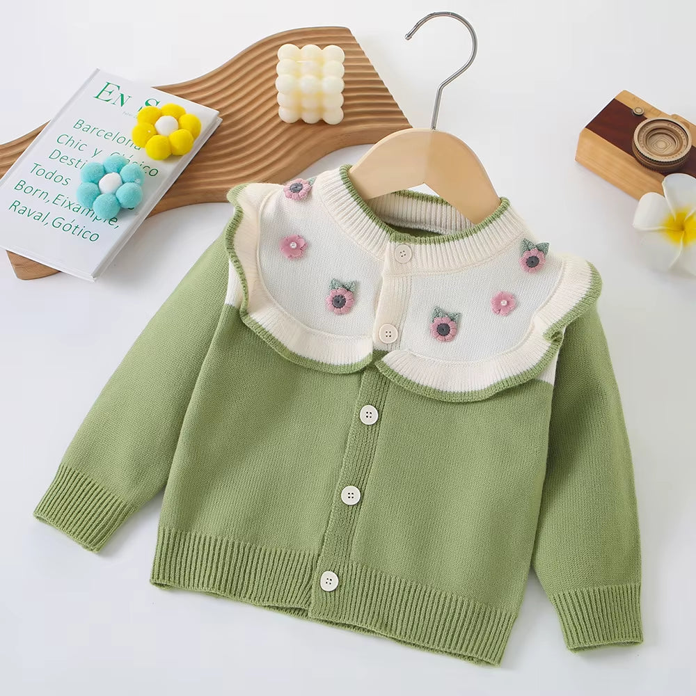 Autumn Children Girls Sweater Loose Solid Single Breasted Infant Babys Girls Knitwear Floral Embroidery Toddler Girls Cardigan