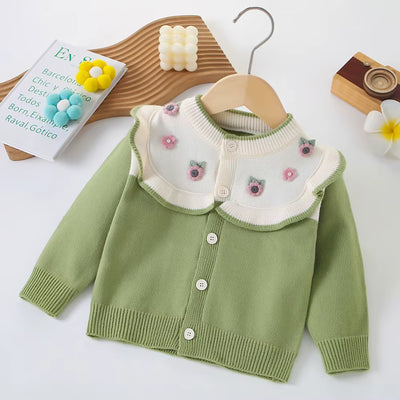 Autumn Children Girls Sweater Loose Solid Single Breasted Infant Babys Girls Knitwear Floral Embroidery Toddler Girls Cardigan